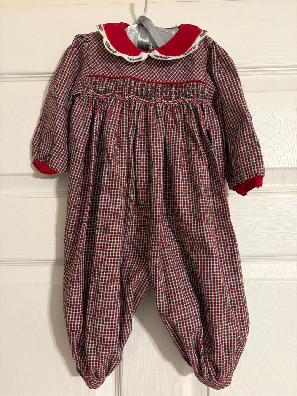 Nursery Rhyme Holiday Smocked Tartan Plaid Long Bubble Romper